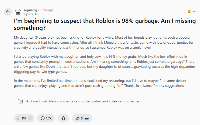 Reddit Complaints about Roblox Games